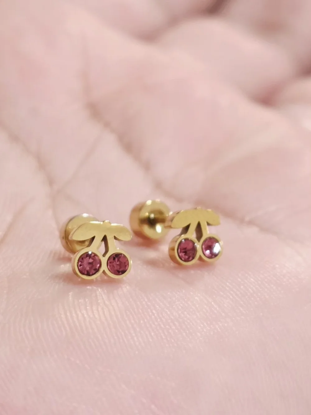 Gold Cherry Stud Earrings with Pink Crystals - Kids Accessories